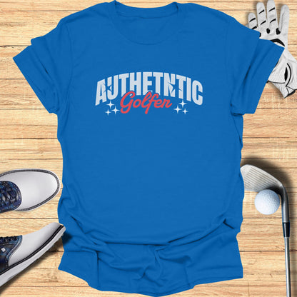 Blue t-shirt with "Authentic Golfer" text and decorative stars.