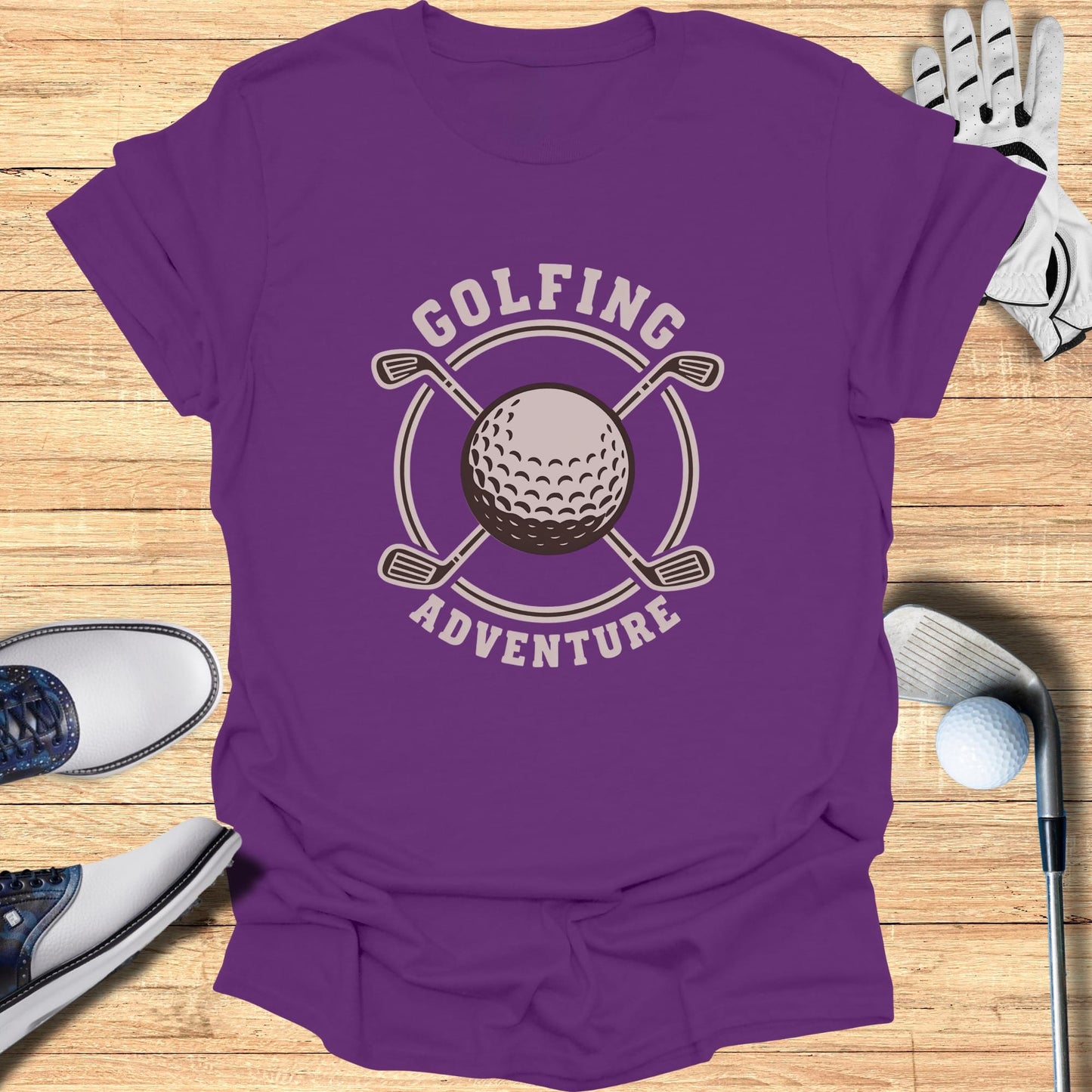 Purple t-shirt with "GOLFING ADVENTURE" text and a golf ball.