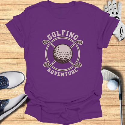 Purple t-shirt with "GOLFING ADVENTURE" text and a golf ball.