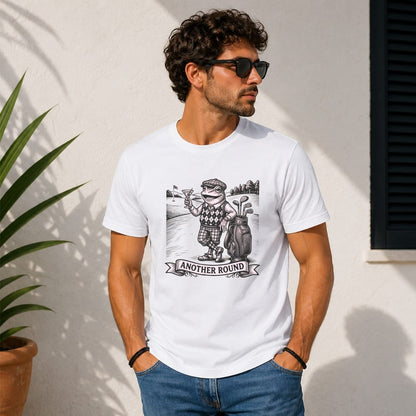 White t-shirt with graphic of cartoon frog golfer holding a martini.
