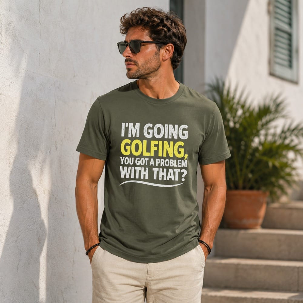 Man in olive green t-shirt with "I'm Going Golfing, You Got A Problem With That?" text.