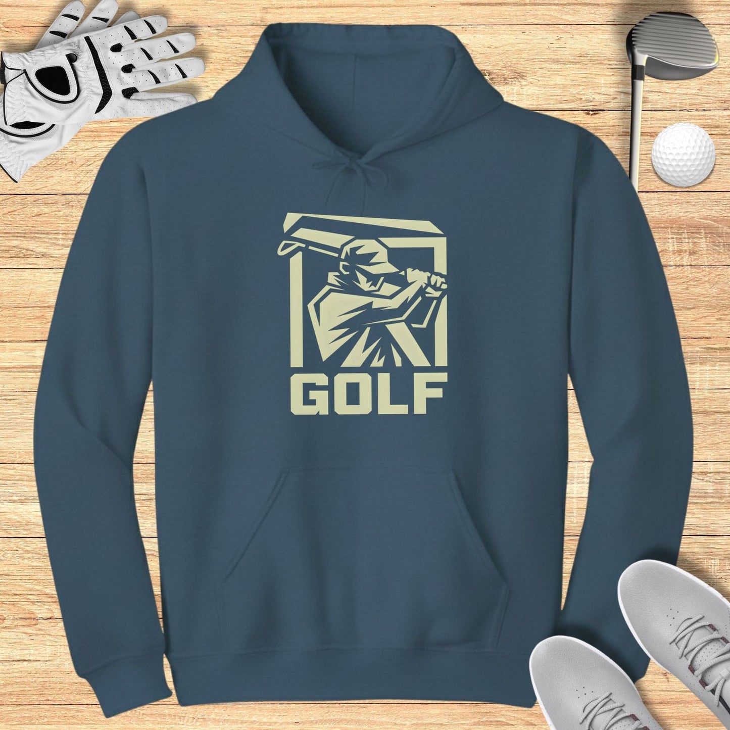 Stylish blue hoodie with a bold Golf graphic design