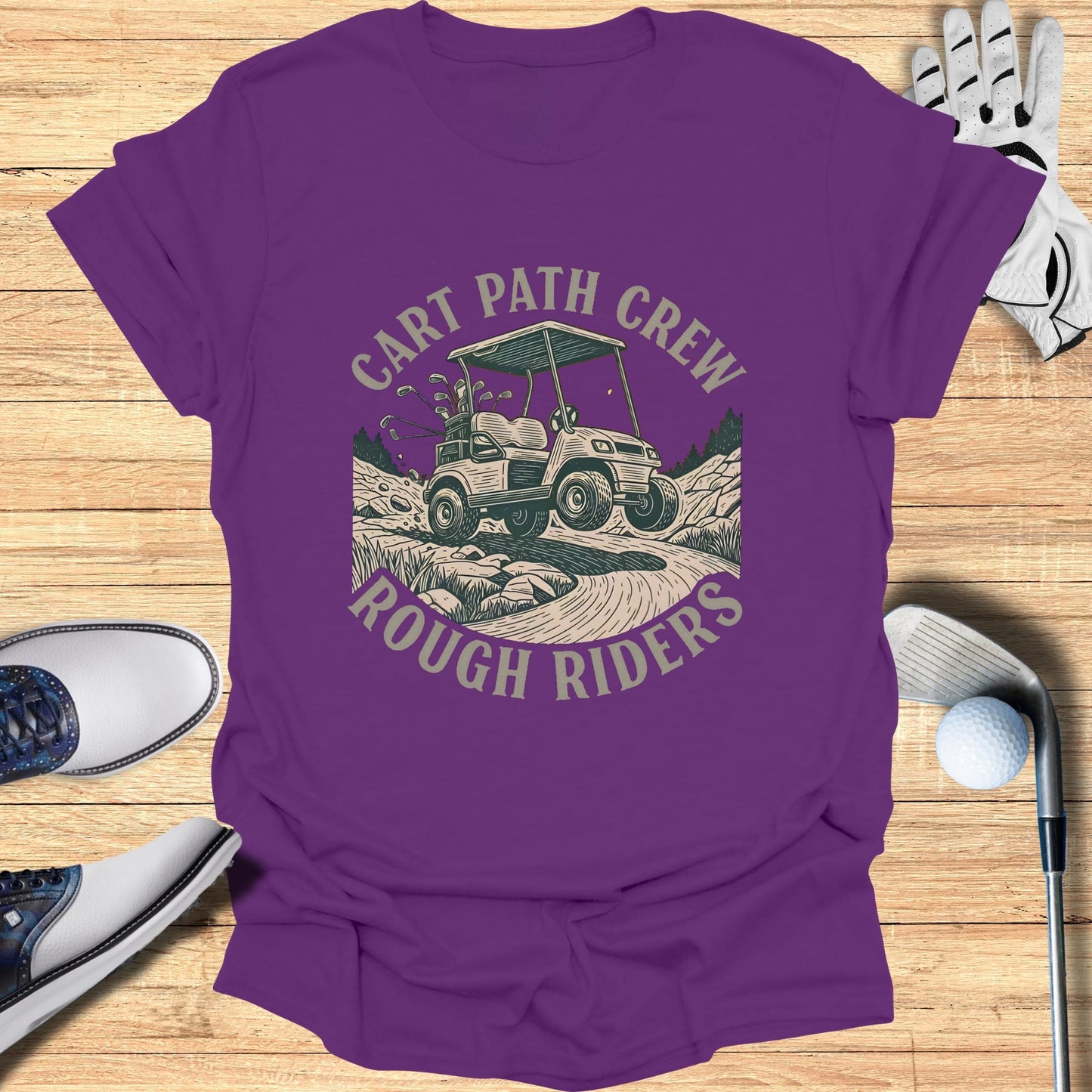 Purple t-shirt with "Cart Path Crew Rough Riders" text and golf cart graphic.