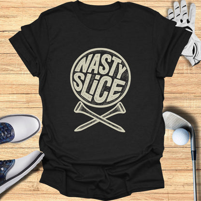 Black t-shirt with "NASTY SLICE" in a circle over crossed golf tees.
