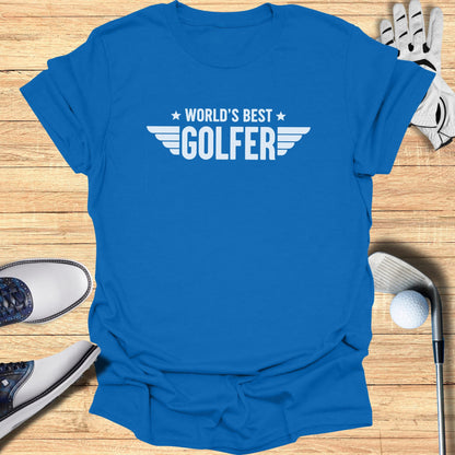 Blue t-shirt with "World's Best Golfer" text and wing graphics.
