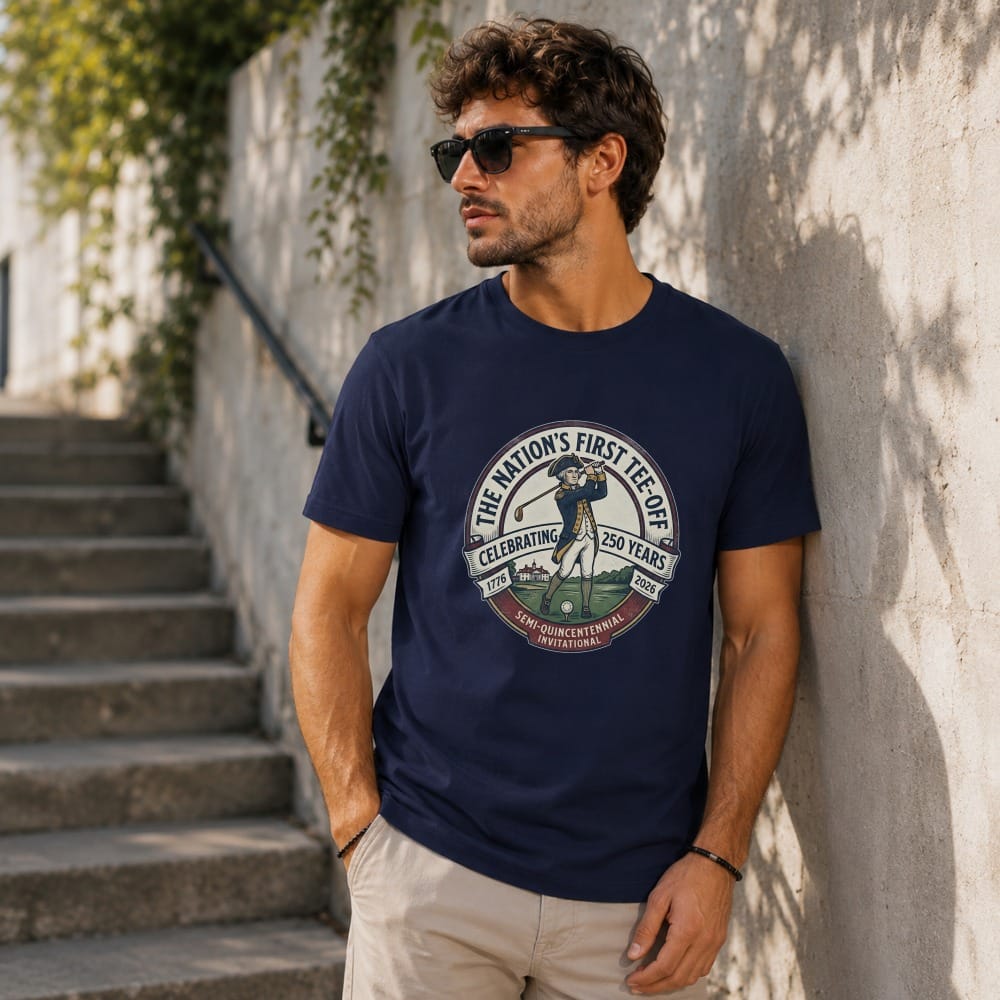 Navy t-shirt with "The Nation's First Tee-Off 1776 250th 2026 Semi-Quincentennial Invitational" graphic.