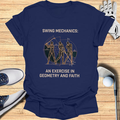 Navy t-shirt with golf swing mechanics diagram and text.