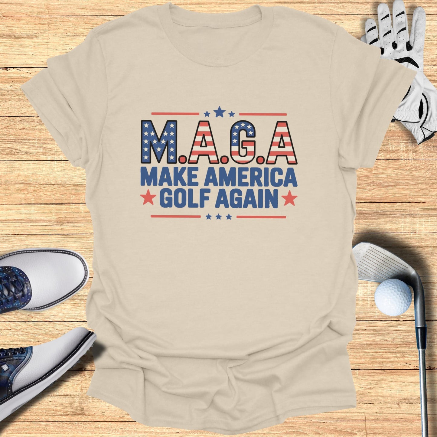 Cream t-shirt with "M.A.G.A. Make America Golf Again" text.