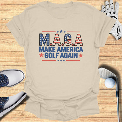 Cream t-shirt with "M.A.G.A. Make America Golf Again" text.