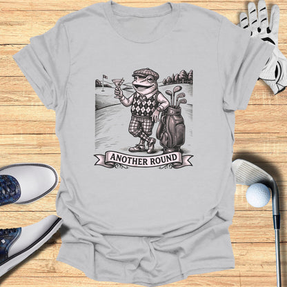 T-shirt featuring a frog golfer holding a martini next to a golf bag.