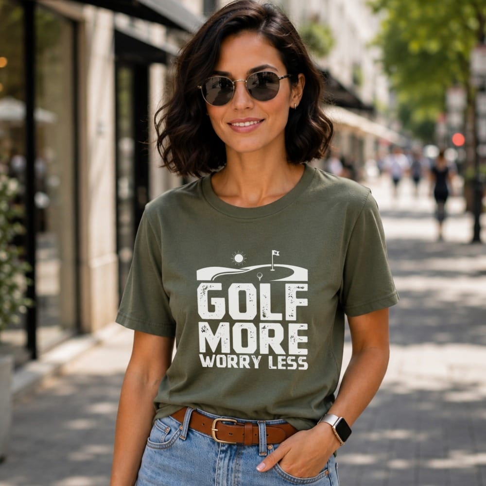 Woman wearing a green t-shirt with "Golf More Worry Less" text and golf graphics.