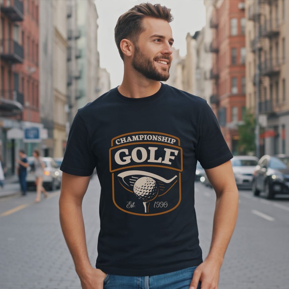 Dark t-shirt with "Championship Golf Est. 1996" logo.