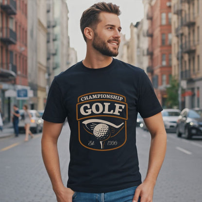 Dark t-shirt with "Championship Golf Est. 1996" logo.