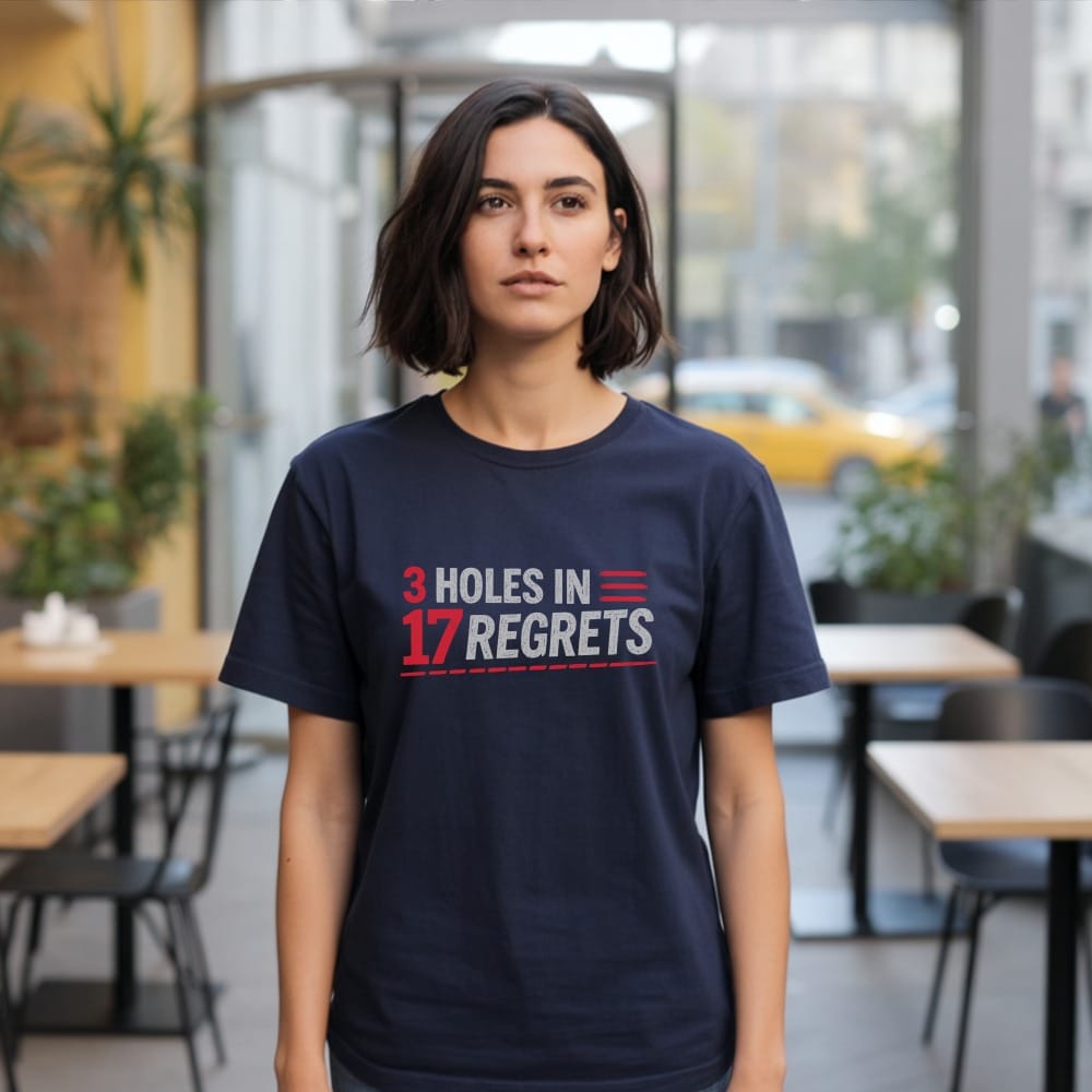 Navy t-shirt with "3 holes in 17 regrets" text.