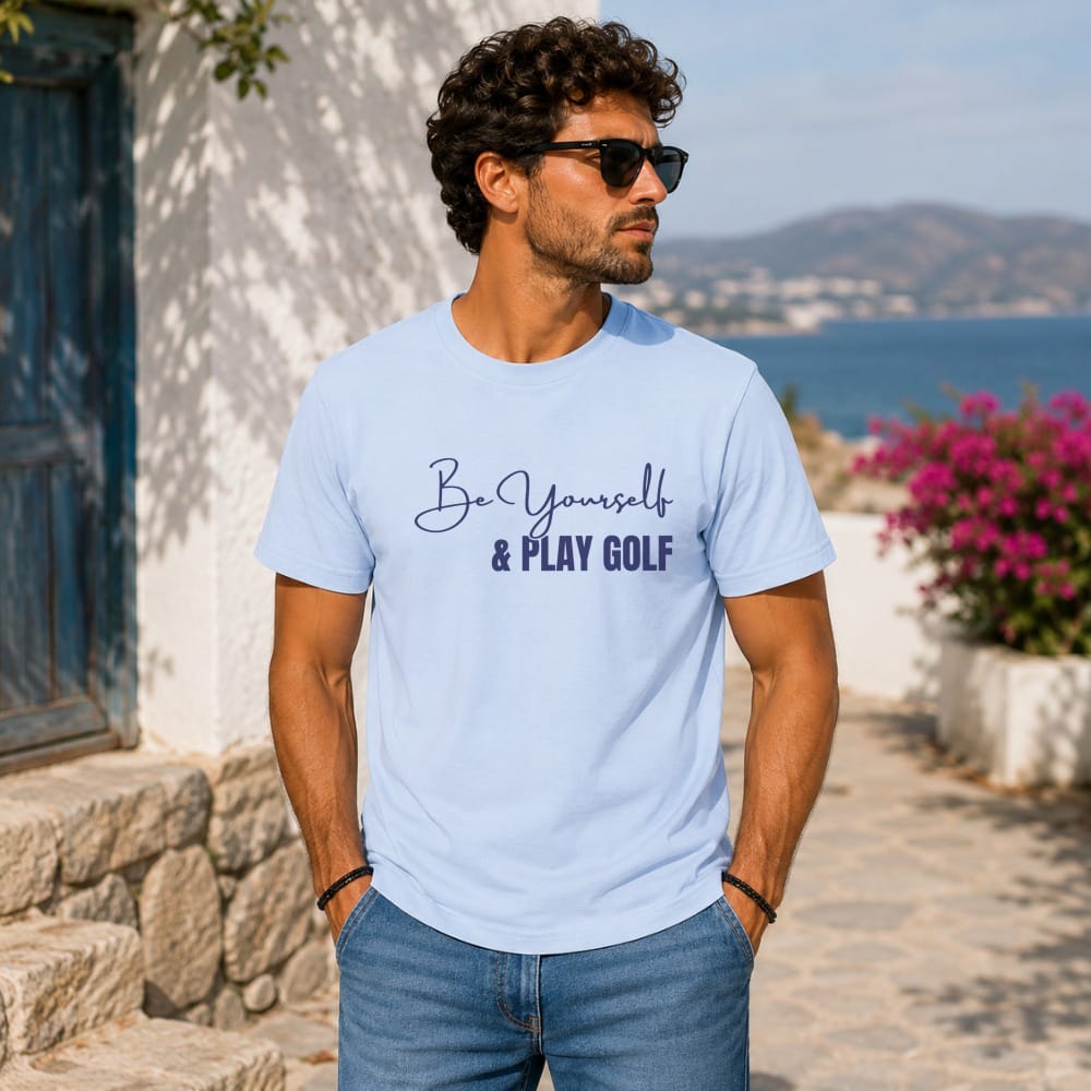 Man wearing a light blue t-shirt with "Be Yourself & Play Golf" text.