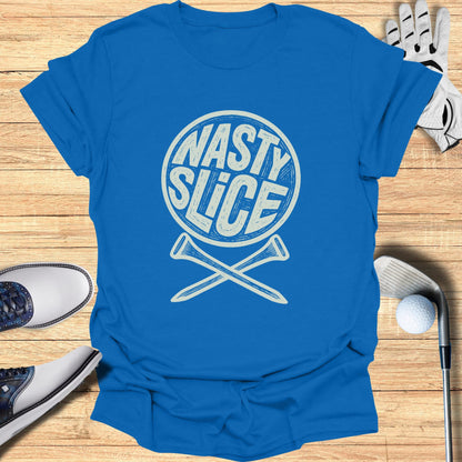 Blue t-shirt with "Nasty Slice" and crossed tees logo.