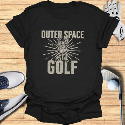 Black t-shirt with "Outer Space Golf" text and astronaut swinging a golf club.