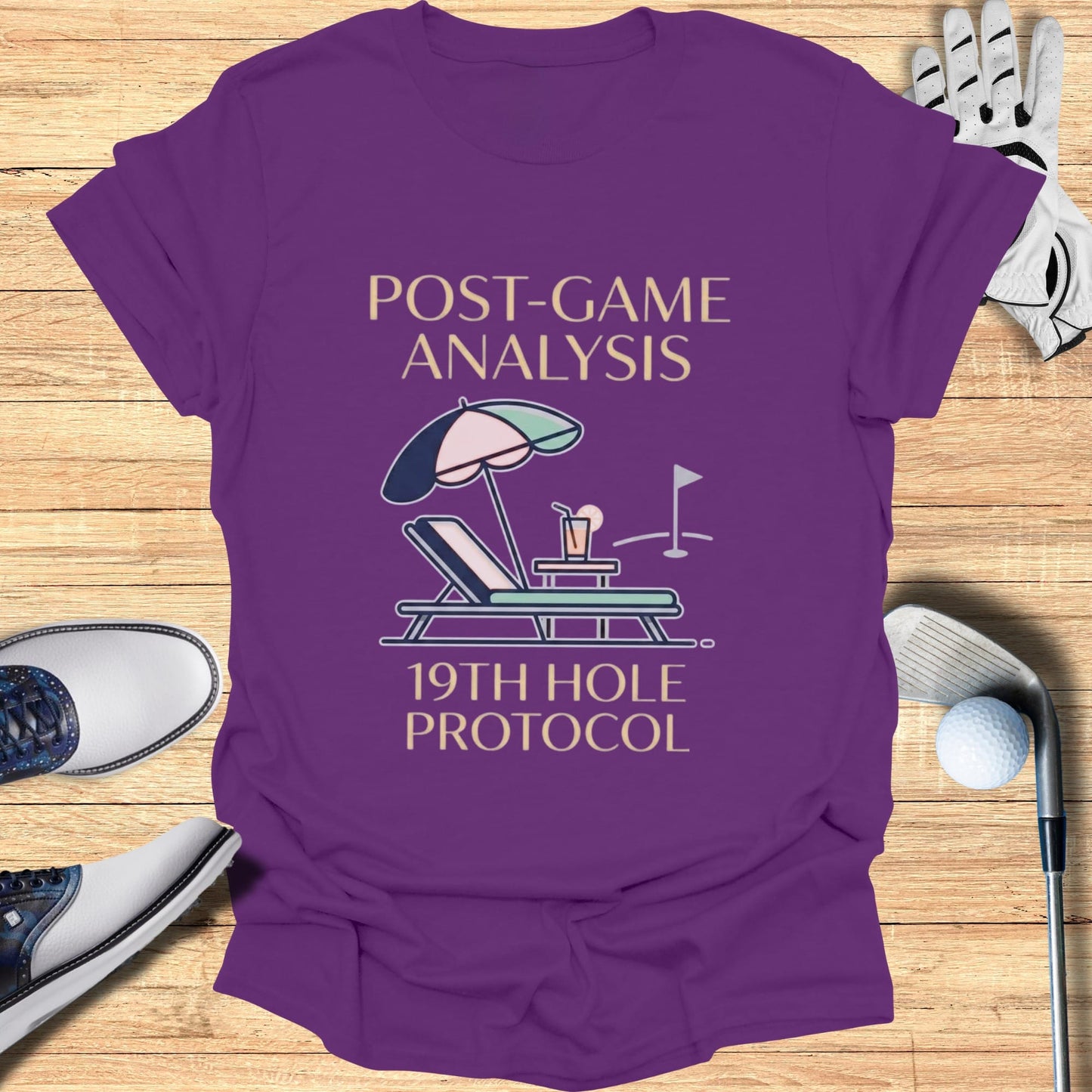 Purple t-shirt with "Post-Game Analysis 19th Hole Protocol" and golf scene.