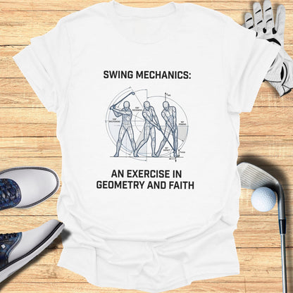 T-shirt with diagram illustrating golf swing mechanics: backswing, downswing, and impact.