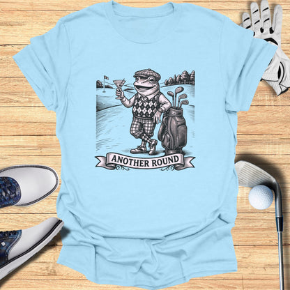 Frog golfer in tartan kilt holding a martini, standing by bag and clubs.