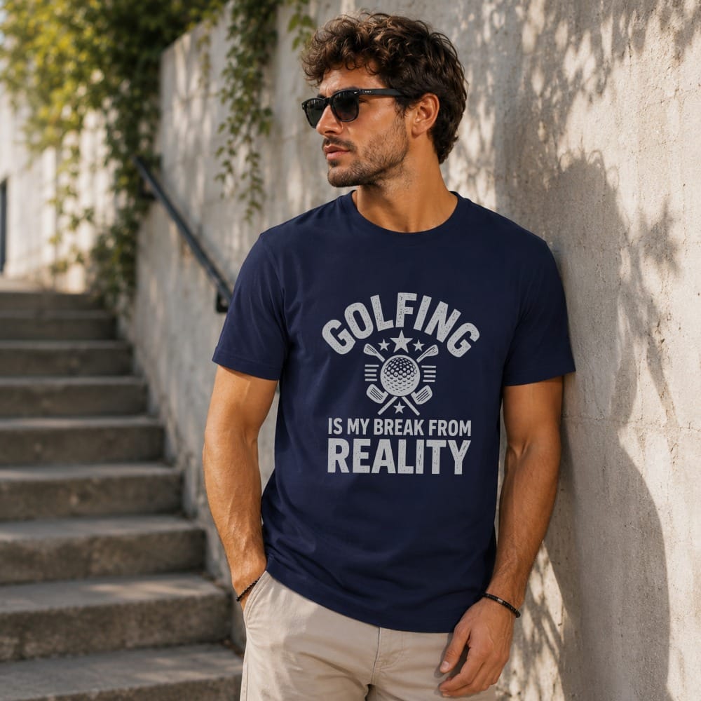 Navy t-shirt with "Golfing is my break from reality" text and golf club graphic.