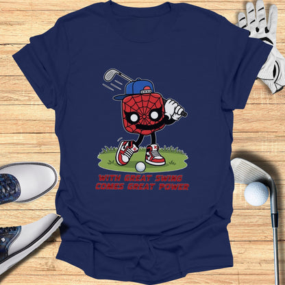 Spider-Man golf character on t-shirt with "With great swing comes great power".