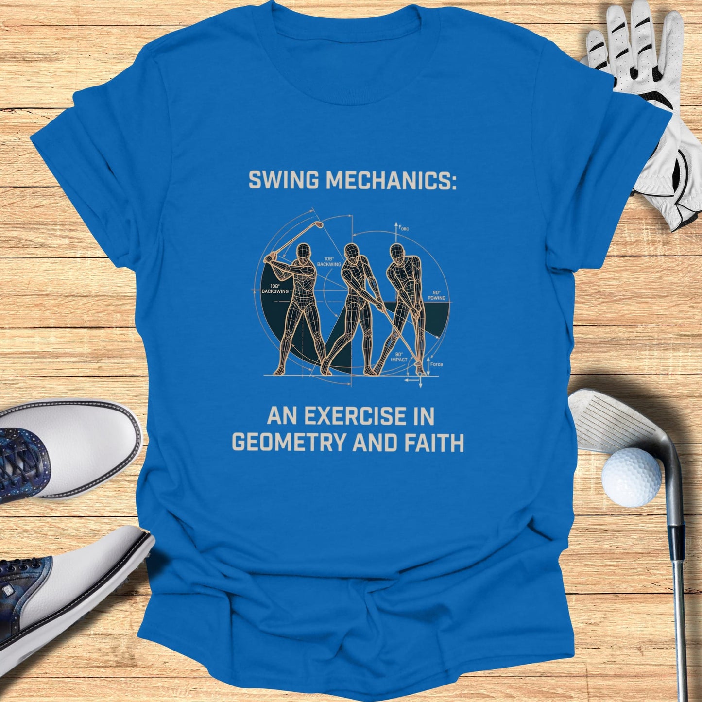 T-shirt with diagram of golf swing mechanics and text.