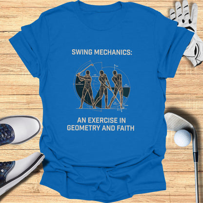 T-shirt with diagram of golf swing mechanics and text.