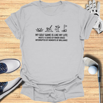 T-shirt with golf and life text graphic.