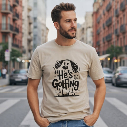 Fun 'He's Golfing' Cartoon Dog Graphic T-shirt