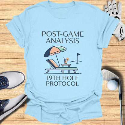 Light blue t-shirt with "Post-Game Analysis" and 19th Hole Protocol graphic.