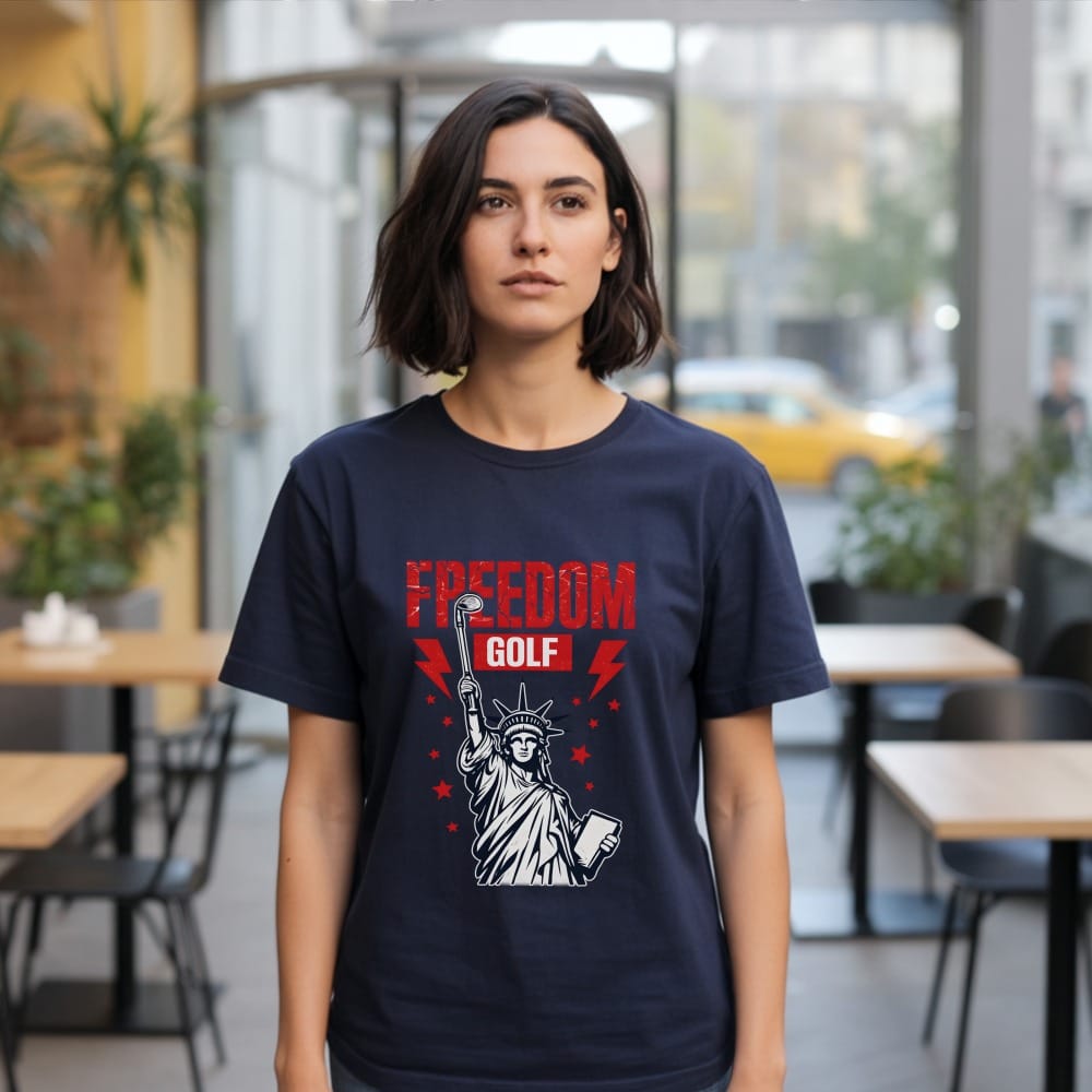 Navy t-shirt featuring the words FREEDOM GOLF with a Statue of Liberty graphic.
