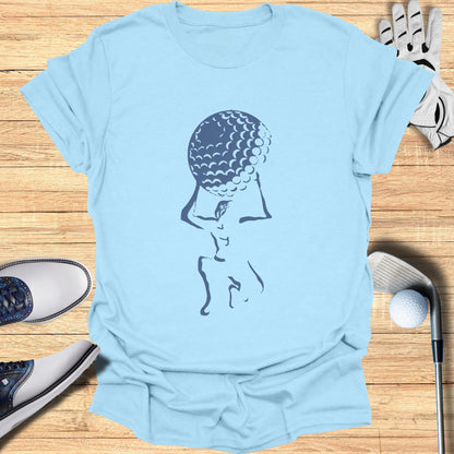 Light blue t-shirt with a dark blue graphic of a golfer holding a golf ball.