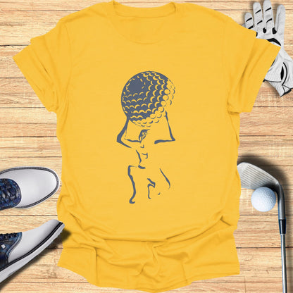 Yellow t-shirt with a grey golf ball graphic and golfer silhouette.