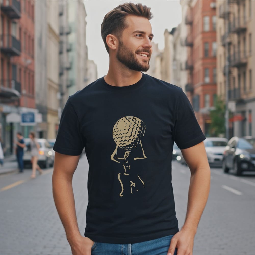 Man wearing a black t-shirt with a graphic of a golfer holding a golf ball.