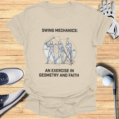 T-shirt illustrating golf swing mechanics with diagram and text.
