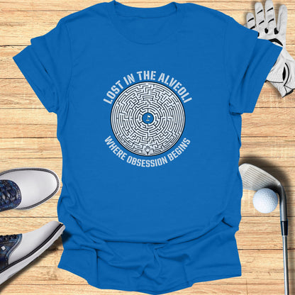Blue t-shirt with maze design and text "Lost in the Alveoli Where Obsession Begins."