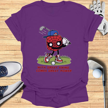 Spider-Man character in a golf swing on a purple t-shirt.