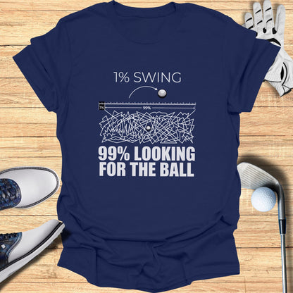 Dark blue t-shirt with white graphic about golf swing percentages.