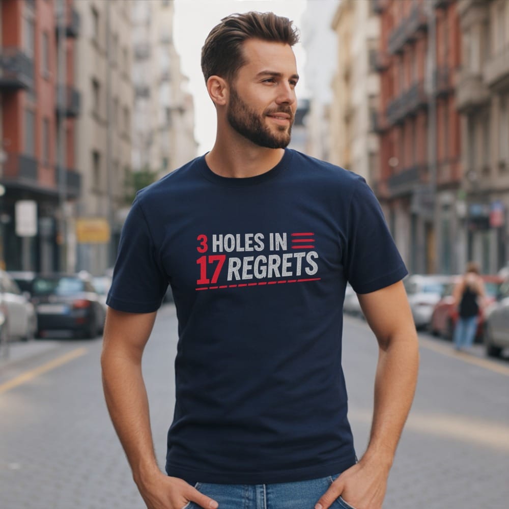 Man wearing navy t-shirt with text "3 HOLES IN 17 REGRETS".