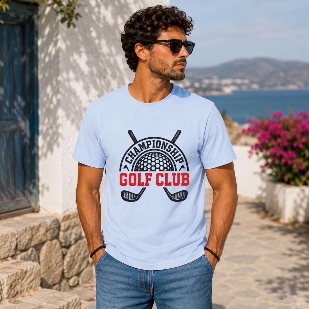 Light blue t-shirt with "Championship Golf Club" text and crossed clubs.