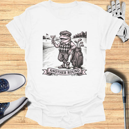 T-shirt with sketch of a frog in golf attire holding a martini.