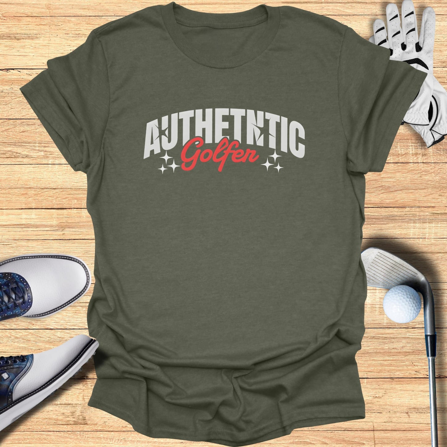 Olive t-shirt with "Authentic Golfer" text and golf accessories.