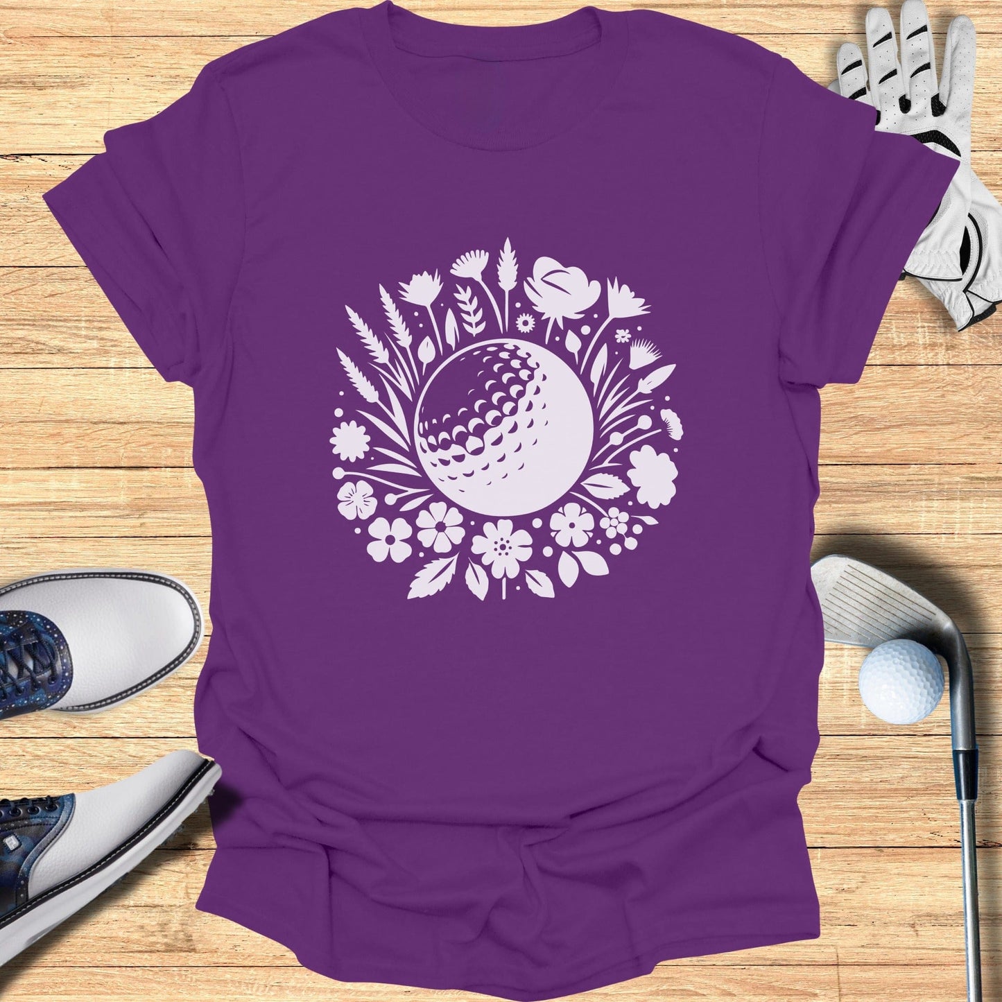 Golf Ball and Floral Design Purple T-Shirt