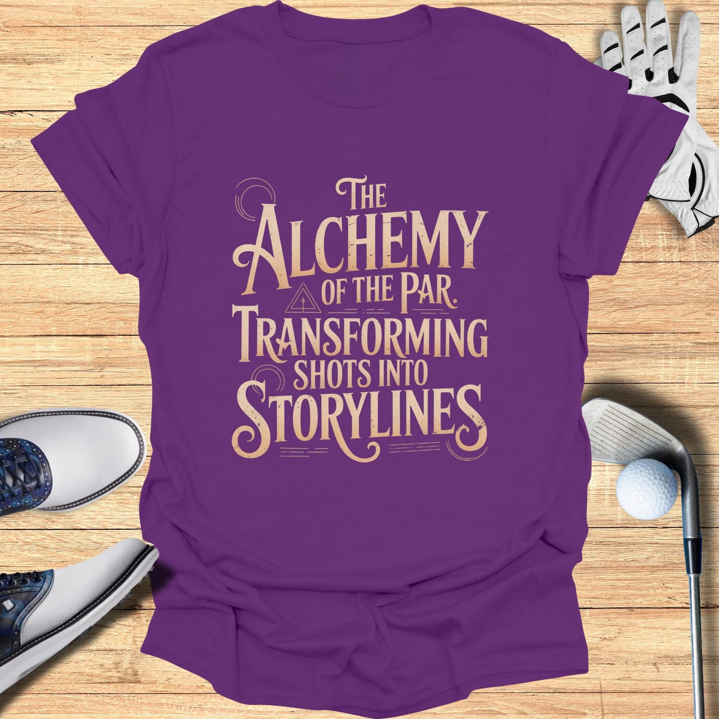 Purple t-shirt with "The Alchemy of the Par Transforming Shots into Storylines" text.