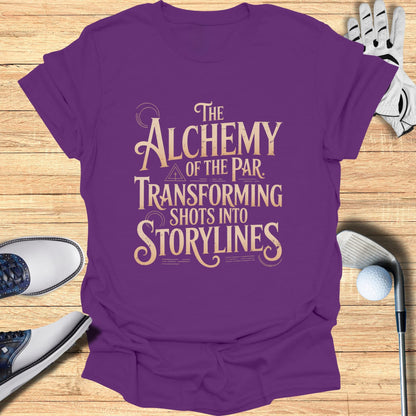 Purple t-shirt with "The Alchemy of the Par Transforming Shots into Storylines" text.