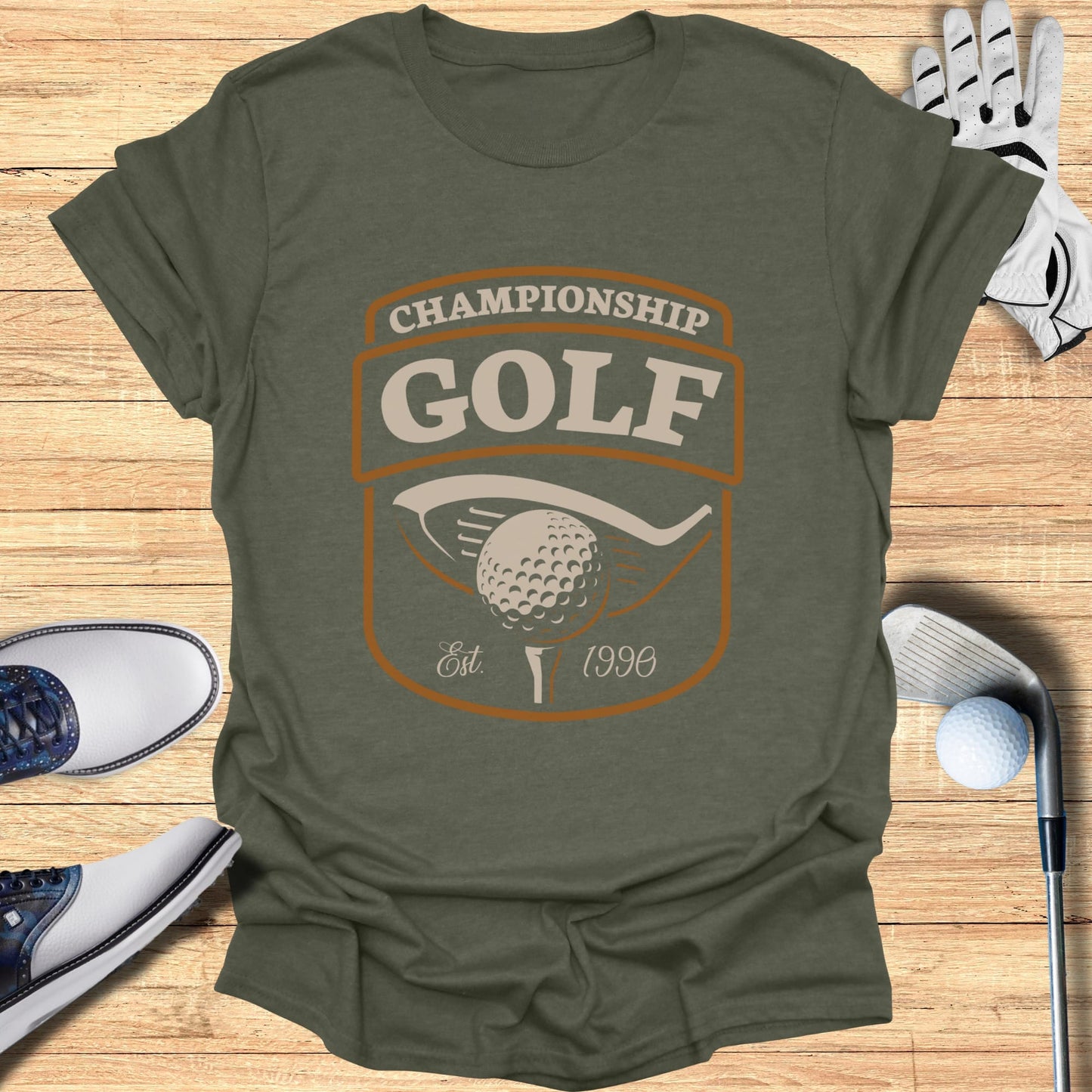 T-shirt with "Championship Golf Est. 1990" graphic and golf items.