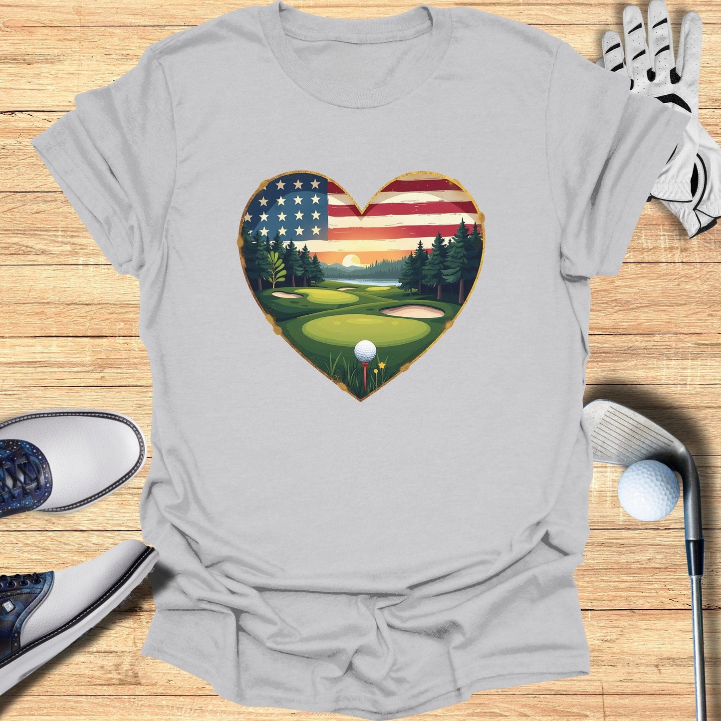 Heart Golf Course USA Flag T-Shirt - Funny Golf Tee by Swing Epic