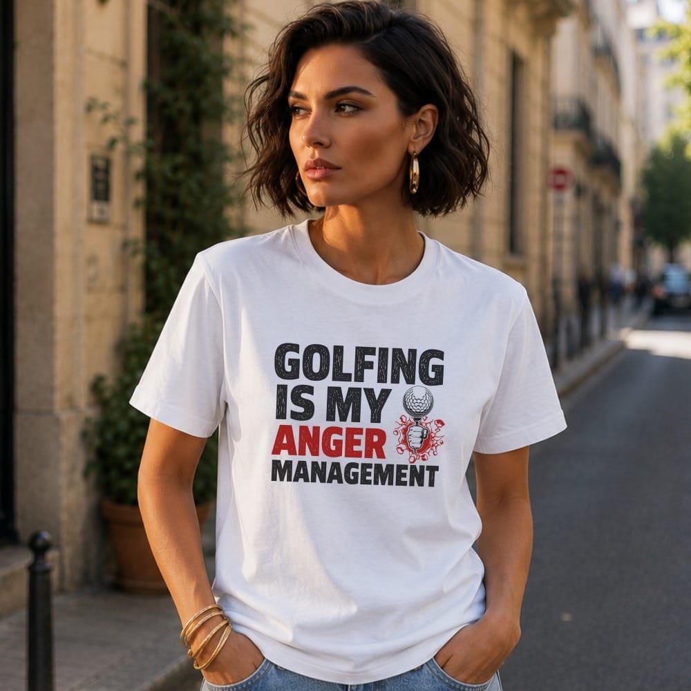 Woman wearing white t-shirt with "Golfing is my anger management" text and graphics.