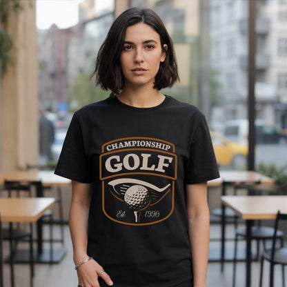 Black t-shirt with "Championship Golf Est. 1996" logo featuring a golf ball and club.